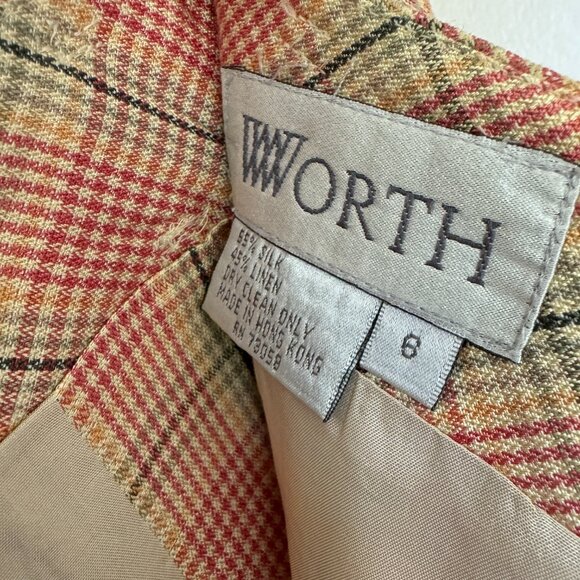 Vtg Worth Silk Linen Blend Skirt Plaid Faux Wrap Side Zip Lined Light Academia - Picture 11 of 15